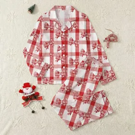 Women's Illustrative Red & White Buffalo Check Plaid Scattered with Flat Vibrant Red Pink Bows Satin Pajamas Set