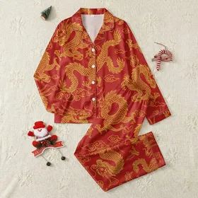 Mythology Art Fans' Golden Yellow Chinese Dragons Vibrant Red Line Art All-Over Pattern Satin Pajamas Set