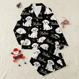 Women's Fluffy White Maltese Dog Poses Seamless Pattern Black Background Cream Script Satin Pajamas Set