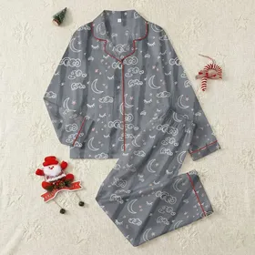 Relaxation Enthusiasts' Soft Muted Grey Minimalist Celestial Sleepy Eye & Cloud Pattern with Subtle Vertical Texture & Pale Pink Accents Satin Pajamas Set