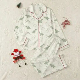 Playful Dino Fan: Hand-Drawn Sage Green Doodle Dinosaurs Satin Pajamas Set