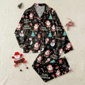 Whimsical Christmas: Vibrant Santa Snowmen Teal Trees Golden Merry Christmas Satin Pajamas Set