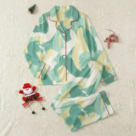 Women's Abstract Painterly Soft Watercolor Wash Cream Mint Yellow Brushstroke Pattern Satin Pajamas Set