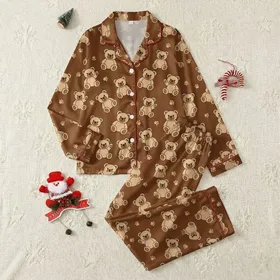 Women's Whimsical Cute Teddy Bear Seamless Pattern, Warm Chocolate Brown & Light Sandy Tan Flat Illustration Satin Pajamas Set