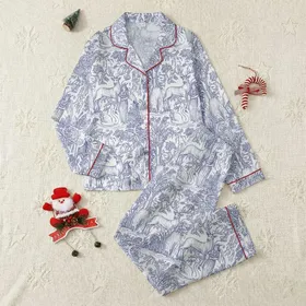 Mythology & Nature Lovers' Vintage Indigo Toile De Jouy Classical Landscape Nymphs Satyrs Swans Satin Pajamas Set