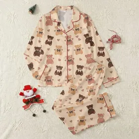 Women's Warm Beige Illustrative Chocolate & Caramel Bears with Bows & Rose Hearts Seamless Pattern Satin Pajamas Set