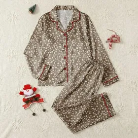 Women's Elegant Muted Taupe-Brown Organic Cherry Blossom Branches Delicate White Floral Pattern Satin Pajamas Set