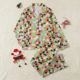 Women's Abstract Fluid Geometric Melting Grid Vibrant Multi-Color Pattern Satin Pajamas Set