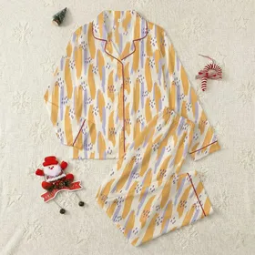 Women's Cream Abstract Hand-Drawn Brushstroke Pattern with Muted Yellow-Orange, Lavender & Dark Purple Dots Satin Pajamas Set