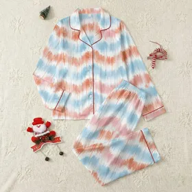 Women's Abstract Watercolor Sky Blue Pink Terracotta Drip Splatter Bands Satin Pajamas Set