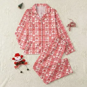 Women's Vibrant Red & White Gingham Check Playful Heart Motif Satin Pajamas Set