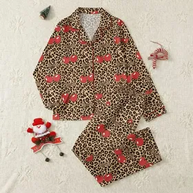Women's Whimsical Tan Brown Leopard Print Red Cherry & Leopard Bow Pattern Satin Pajamas Set