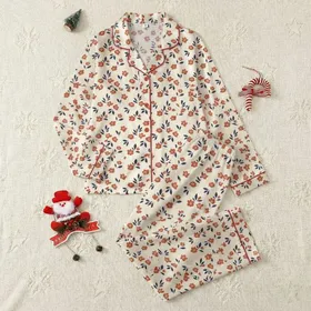 Women's Elegant Abstract Floral Terracotta Peach Navy Cream Leaf Pattern Satin Pajamas Set