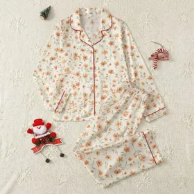 Women's Cream Painterly Orange Peach Floral Green-Grey Watercolor Botanical Pattern Satin Pajamas Set