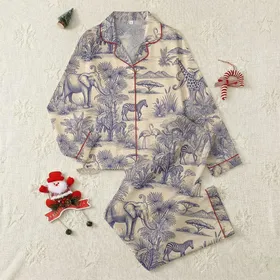 Women's Vintage Toile De Jouy Safari Wildlife Indigo Blue Cream Landscape Etching Satin Pajamas Set