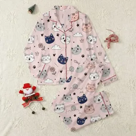 Cat Lovers' Whimsical Hand-Drawn Cartoon Cat Faces in Dark Blue, Grey, Peach Pink & White on Soft Pink, with Paw Prints, Hearts, & Yarn Balls Pattern Satin Pajamas Set