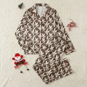 Women's Seamless Cocoa Brown & Creamy Off-White Stylized Tropical Foliage Satin Pajamas Set