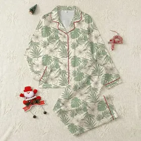 Women's Pale Beige Tropical Hibiscus Palm Leaf Hand-Drawn Design Sage Green Accents Satin Pajamas Set
