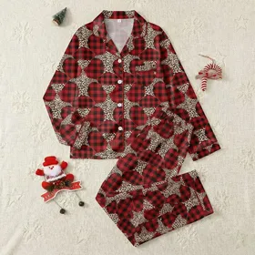 Women's Interlocking Deep Red Black Buffalo Plaid & Tan Leopard Spot Patchwork Satin Pajamas Set
