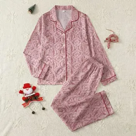 Women's Intricate Soft-Edged Cable Knit Pattern in Muted Dusty Rose Blush Pink & Cream Off-White Satin Pajamas Set