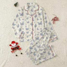 Women's Elegant Muted Blue-Grey Illustrative Butterfly Botanical Pattern on Pale Beige Satin Pajamas Set