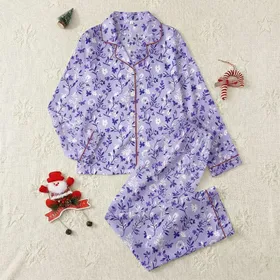 Women's Delicate Lavender Violet Indigo Floral Blossom Butterfly Pattern Satin Pajamas Set