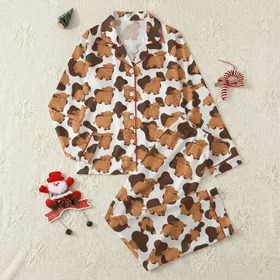 Women's Whimsical Ginger-Brown Highland Calf Cartoon with White & Dark Brown Hide Pattern Satin Pajamas Set