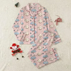 Women's Soft Pastel Pink Sleepy Cats, Muted Blue Fans & Fish All-Over Print Satin Pajamas Set