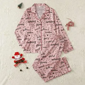 Women's Soft Pastel Pink Hand-Drawn Script Phrases & Minimalist Hearts Coffee Stars Pattern Satin Pajamas Set