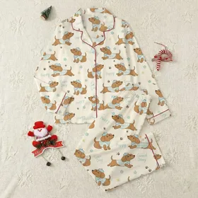 Dachshund Lovers' Cute Cream Puppy Print: Blue Berets, Plaid Sweaters, Positive Hand-Drawn Design Satin Pajamas Set