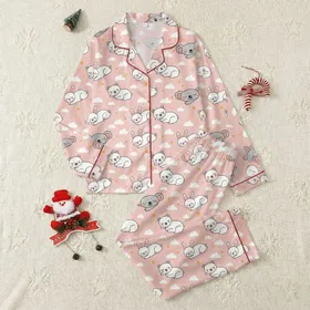 Women's Soft Pink Hand-Drawn Sleeping Bears Bunnies Koalas Cloud Star Pattern Satin Pajamas Set
