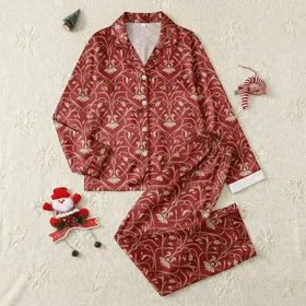Women's Elegant Ruby Red Art Nouveau Botanical Swirls with Cream & Gold Accents Satin Pajamas Set