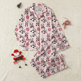 Women's Pastel Pink Adorable Panda Black Outline Flat Art Donut Sweet Seamless Pattern Satin Pajamas Set