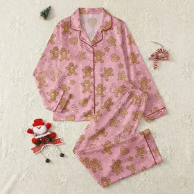 Women's Bubblegum Pink Festive Gingerbread Cookie Candy Cane Star Heart Pattern Satin Pajamas Set