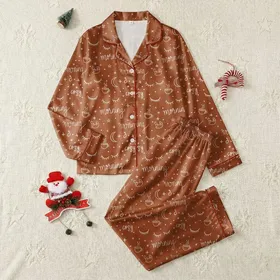 Cozy Morning Vibe: Warm Rust Whimsical Coffee Moon Star & Morning Satin Pajamas Set