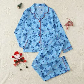 Women's Whimsical Flat Butterfly Pattern, Sky Blue, Blue & Indigo, Orange Circles & Indigo Stars Satin Pajamas Set