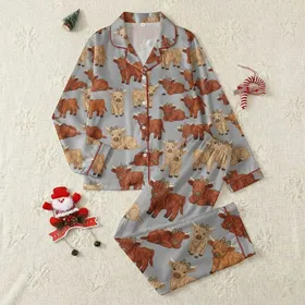 Women's Animal Lovers' Whimsical Baby Highland Cow Warm Brown Leopard Bow Grey Design Satin Pajamas Set