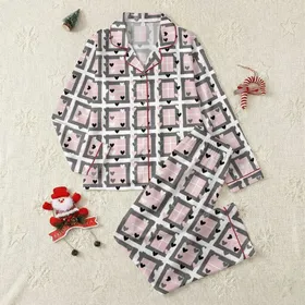 Women's Light Pink White Dark Grey Classic Plaid Grid Scattered Solid & Outline Heart Motifs Satin Pajamas Set