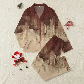 Women's Painterly Grunge City Skyline Abstract Distressed Red-Brown Beige Ombre Satin Pajamas Set
