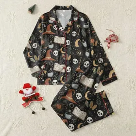 Women's Mystical Charcoal Black Whimsical Occult Celestial Pattern with Witch Hats Skulls Moons Suns Satin Pajamas Set