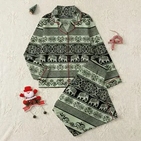 Women's Light Sage Green Black Ornamental Banded Geometric Greek Key Stylized Elephant Pattern Satin Pajamas Set