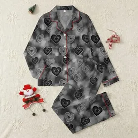 Women's Charcoal & Bleached Gray Washed Tie-Dye Bullseye Heart Scatter Pattern Satin Pajamas Set