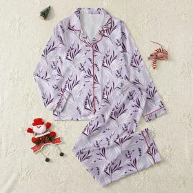 Women's Pale Lavender Organic Sprig & Aubergine Interwoven Leaf Pattern Satin Pajamas Set
