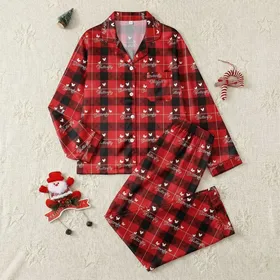 Women's Vibrant Red Black Tartan Plaid Pattern with Elegant White Script Butterfly Silhouettes Satin Pajamas Set