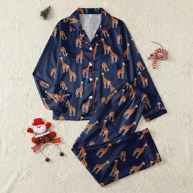 Giraffe Lovers' Vibrant Navy Blue Rusty Orange Illustrative Giraffe Pattern Satin Pajamas Set