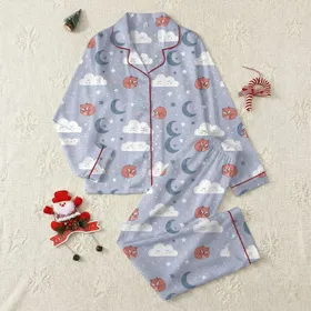 Dreamer's Whimsical Sleeping Clouds, Moons, Starry Animals - Pale Lavender-Blue-Pink Serene Design Satin Pajamas Set