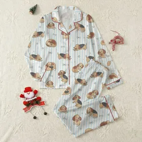 Women's Illustrative Dachshund Beagle Puppy Cream Blue Stripe Pattern Satin Pajamas Set