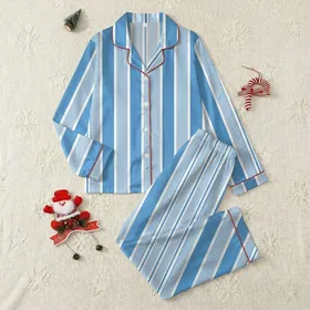 Modern Geometric: Fine Pinstripe & Solid Cornflower Blue Vertical Stripes - Custom Garment Satin Pajamas Set