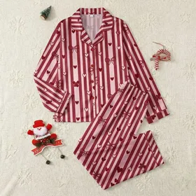 Sweetheart's Delight: Pale Pink Crimson Vertical Stripe Bow & Heart Satin Short-Sleeve Pajamas Set