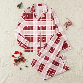Sweetheart Style: Deep Crimson Pink Geometric Plaid & White Hearts - Custom Wearable Motif Satin Pajamas Set